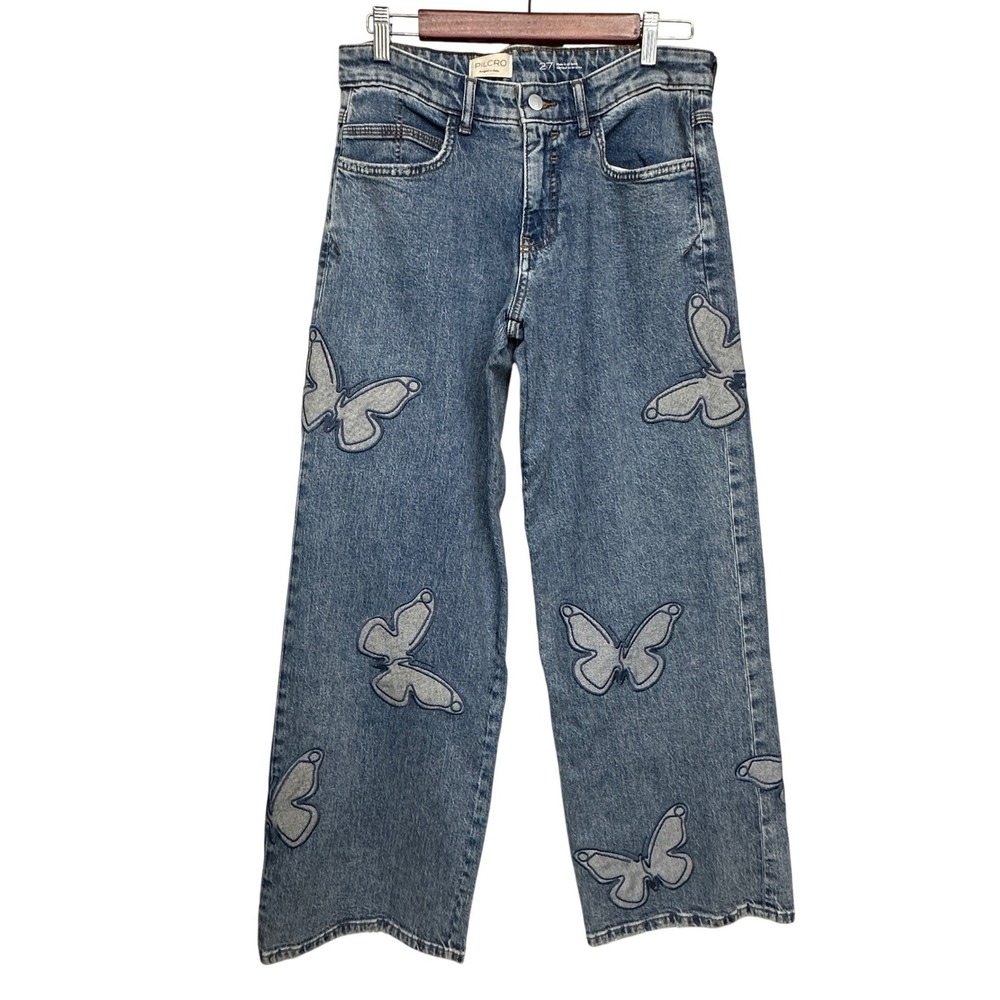 Pilcro Anthropologie Butterfly Embroidered Patch Wide Leg Jeans Blue Size 27